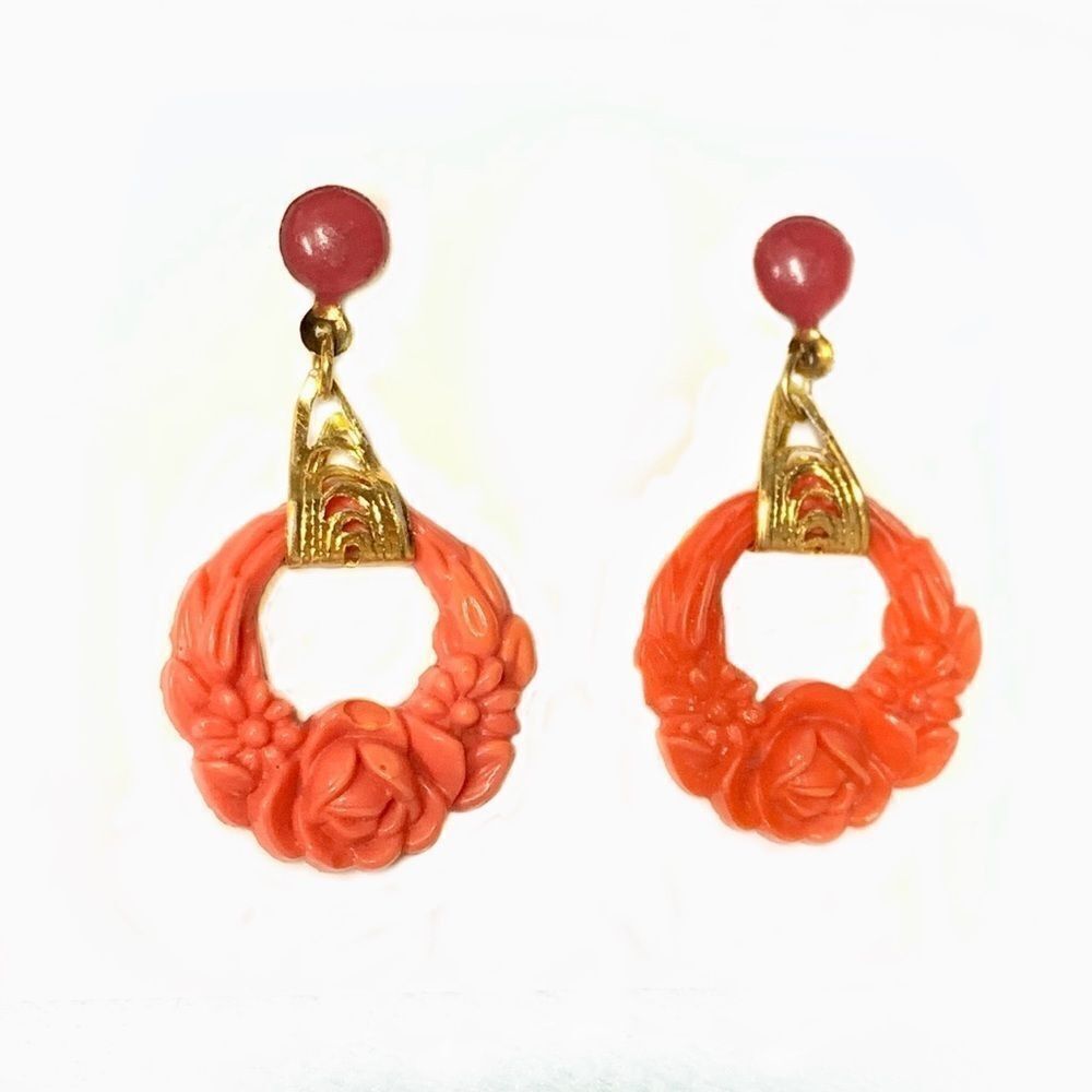 Vintage coral pressed glass floral hoop earrings pierced-Japan